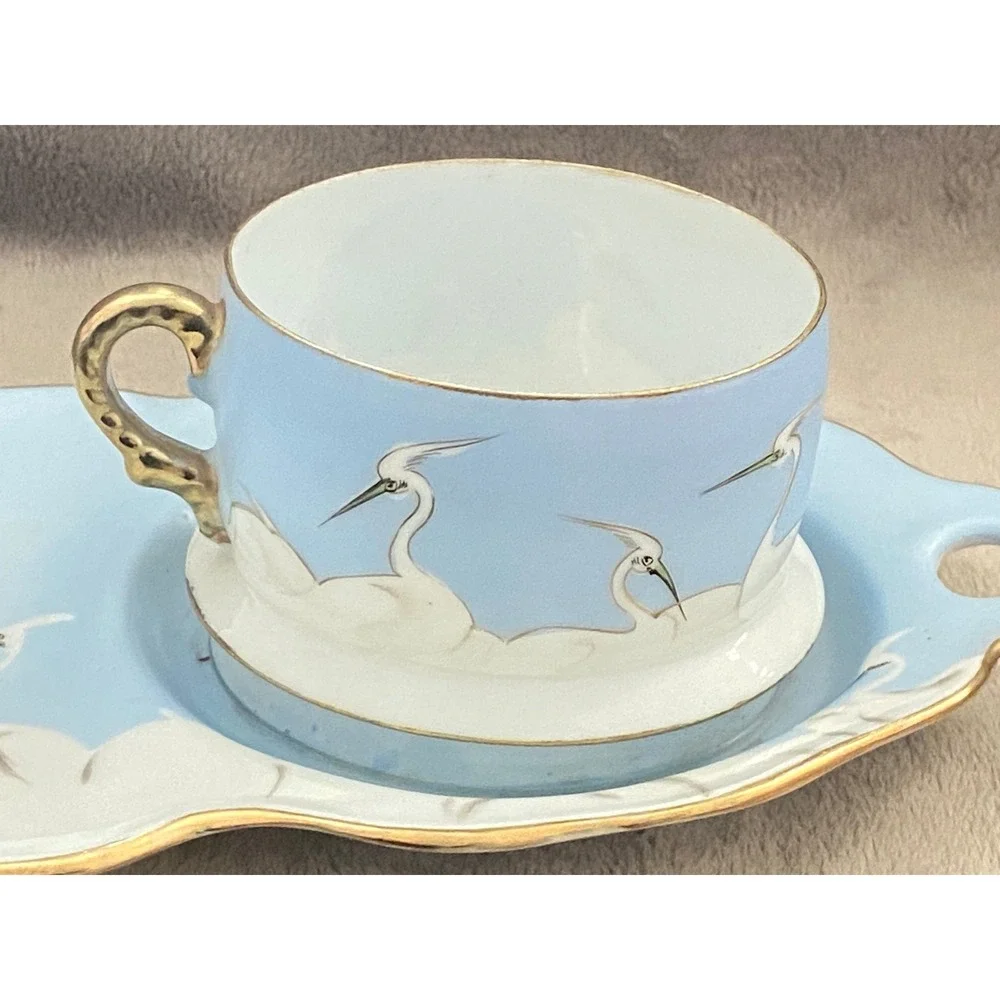 Vintage Hand Painted Japan Porcelain Snack Set Blue Heron Crane Tea Cup Tray